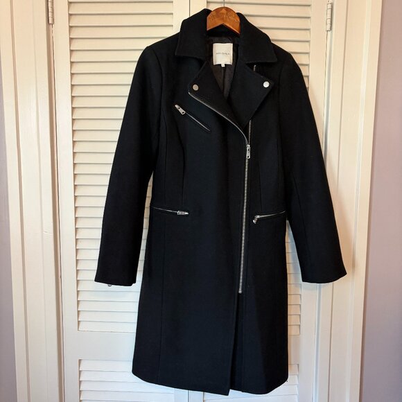 Avec Les Filles A-Line Twill Moto coat small black zippers wool biker long - Picture 3 of 12